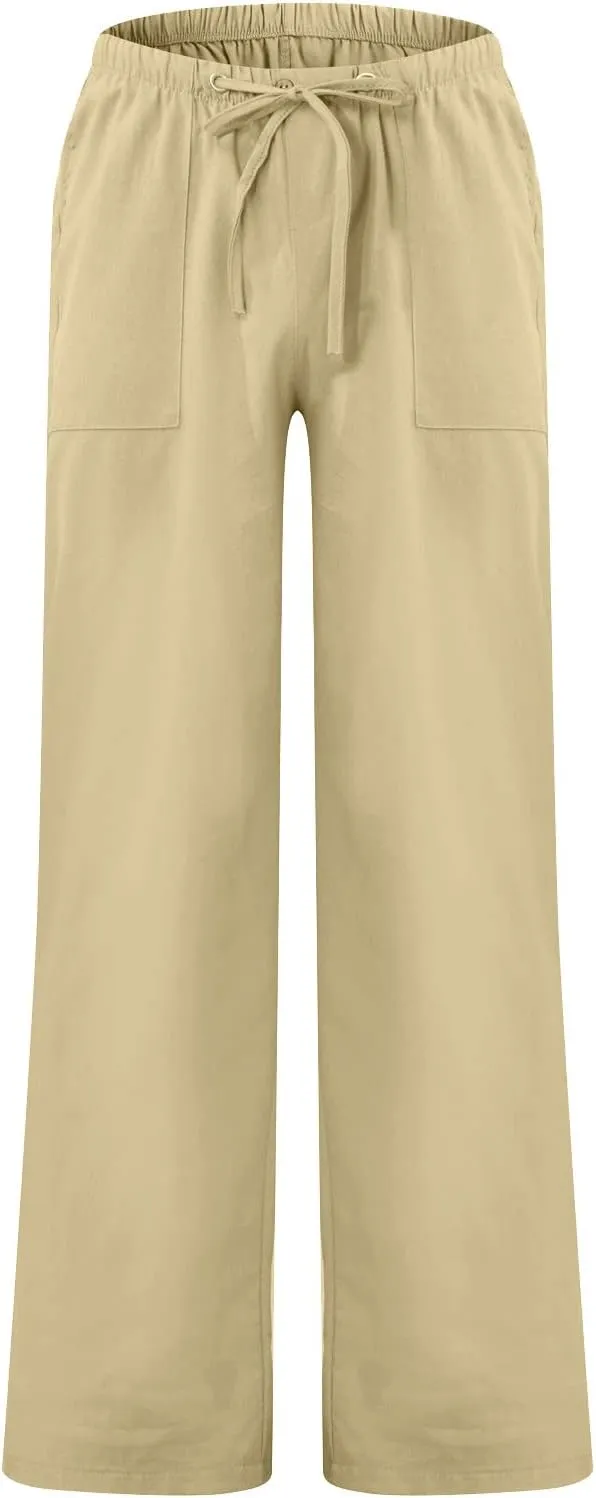Mens Jogging Pants Men Dress Pants Loose Casual Solid Color Cotton Linen Trousers Elastic Tie Printed Straight Pants