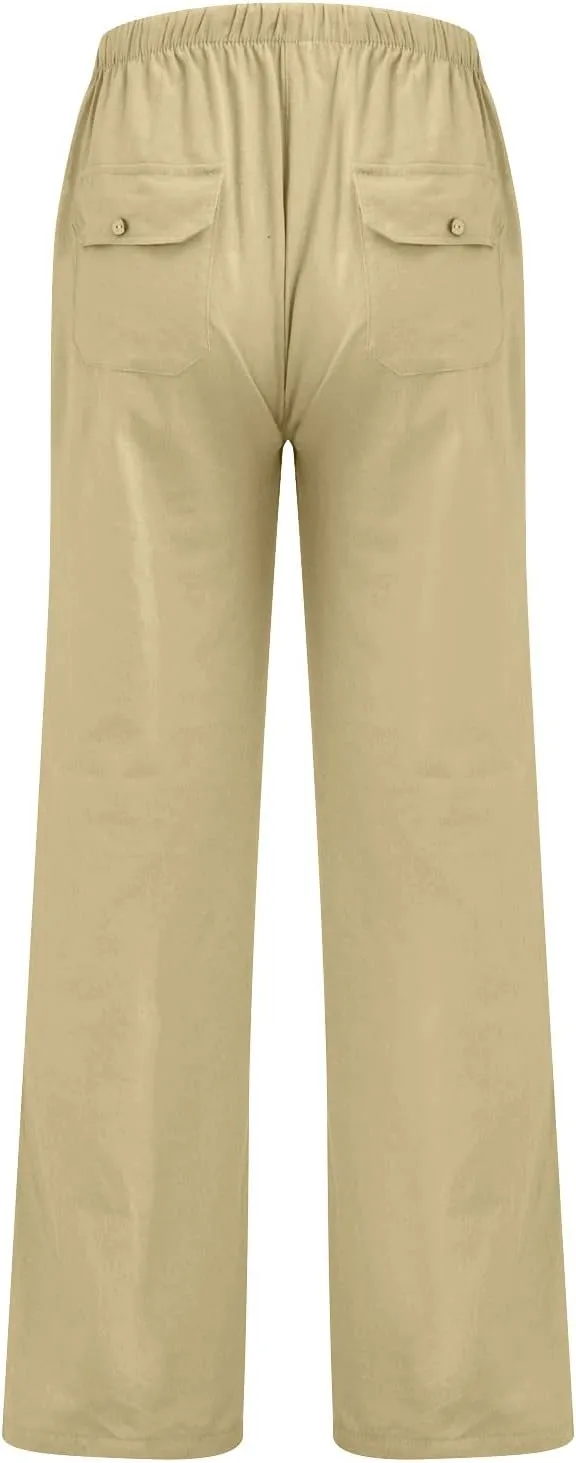 Mens Jogging Pants Men Dress Pants Loose Casual Solid Color Cotton Linen Trousers Elastic Tie Printed Straight Pants