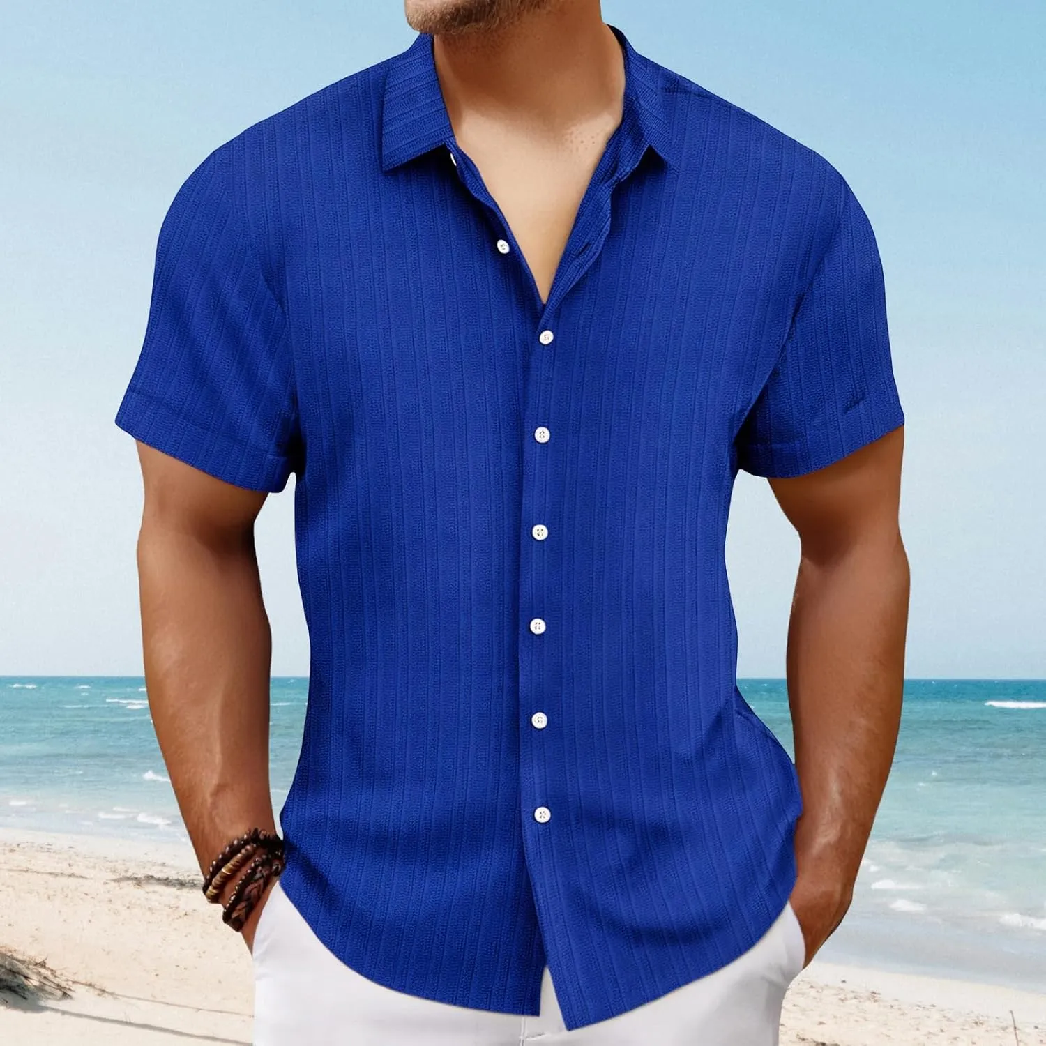 Mens Linen Button-Down Shirts Casual Loose Striped Jacquard Long Sleeve Beach Shirt