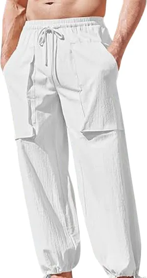Mens Linen Cargo Pants Casual Drawstring Summer Beach Pants Elastic Waist Yoga Jogger Pants with Pockets