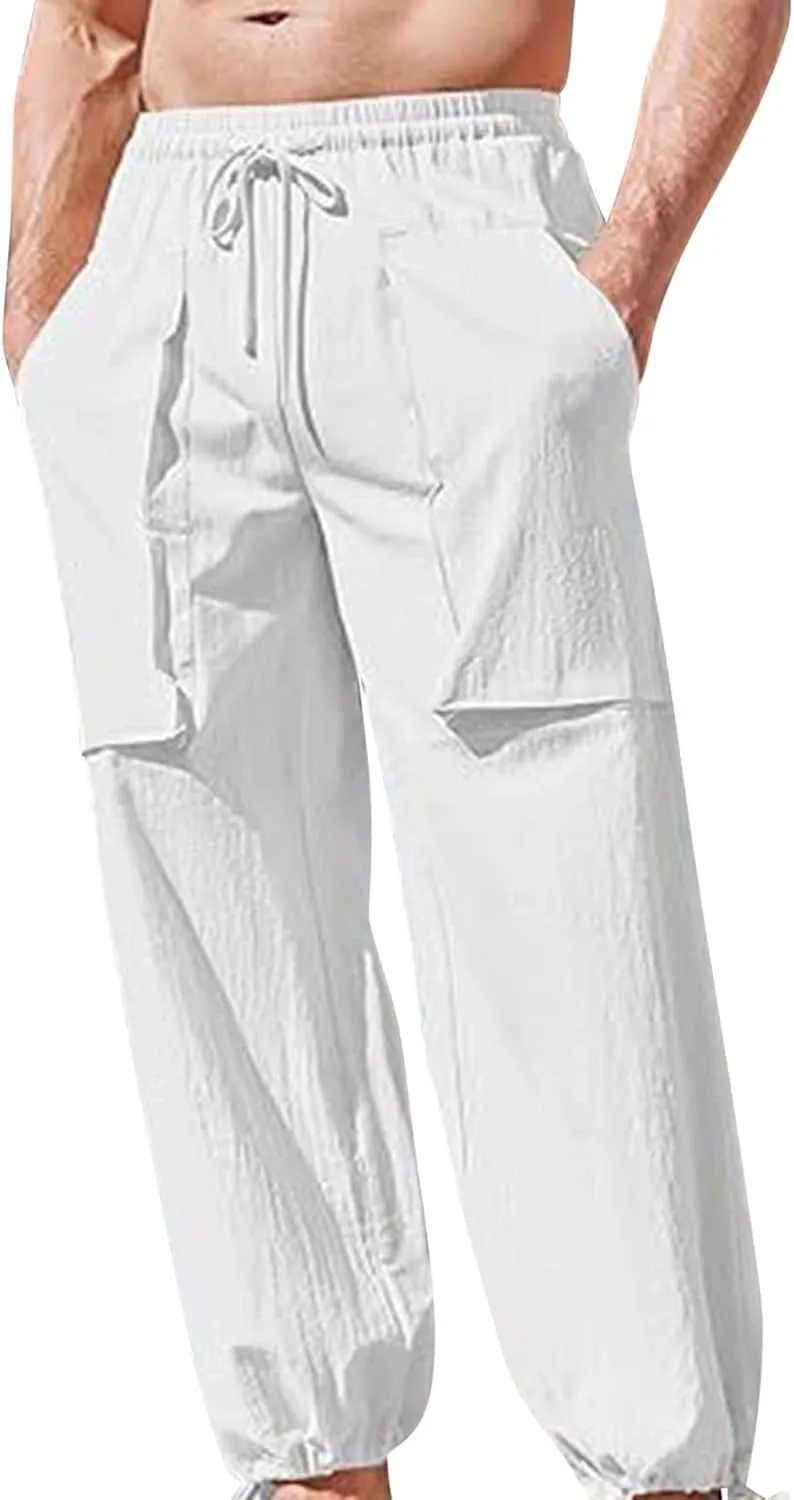 Mens Linen Cargo Pants Casual Drawstring Summer Beach Pants Elastic Waist Yoga Jogger Pants with Pockets
