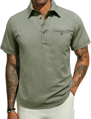 Men's Linen Shirts Short Sleeve Button Down Polo Shirt Golf Shirts Casual Summer Beach Vacation Shirt with Pockets