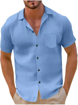 Men's Linen Shirts Short Sleeve Casual Shirts Solid Button Down Shirts Vacation Beach Summer Tops with Pocket