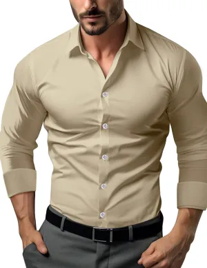 Men's Muscle Dress Shirts Solid Long Sleeve Business Casual Button Down Shirt Slim Fit Stretch Athletic Fit Shirt