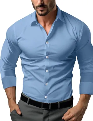 Men's Muscle Dress Shirts Solid Long Sleeve Business Casual Button Down Shirt Slim Fit Stretch Athletic Fit Shirt