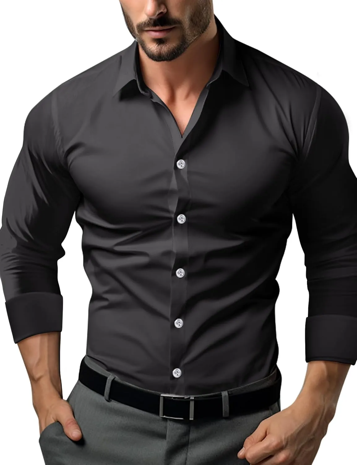 Men's Muscle Dress Shirts Solid Long Sleeve Business Casual Button Down Shirt Slim Fit Stretch Athletic Fit Shirt