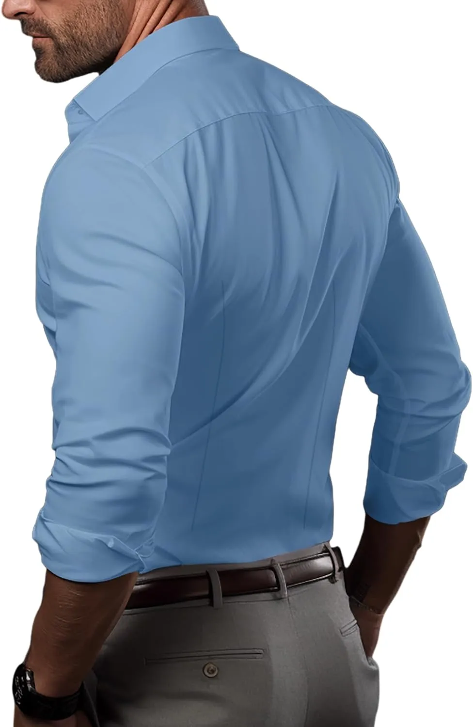 Men's Muscle Dress Shirts Solid Long Sleeve Business Casual Button Down Shirt Slim Fit Stretch Athletic Fit Shirt