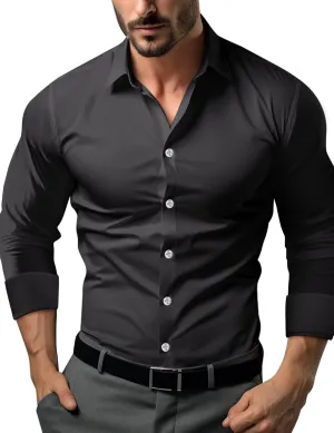 Men's Muscle Dress Shirts Solid Long Sleeve Business Casual Button Down Shirt Slim Fit Stretch Athletic Fit Shirt
