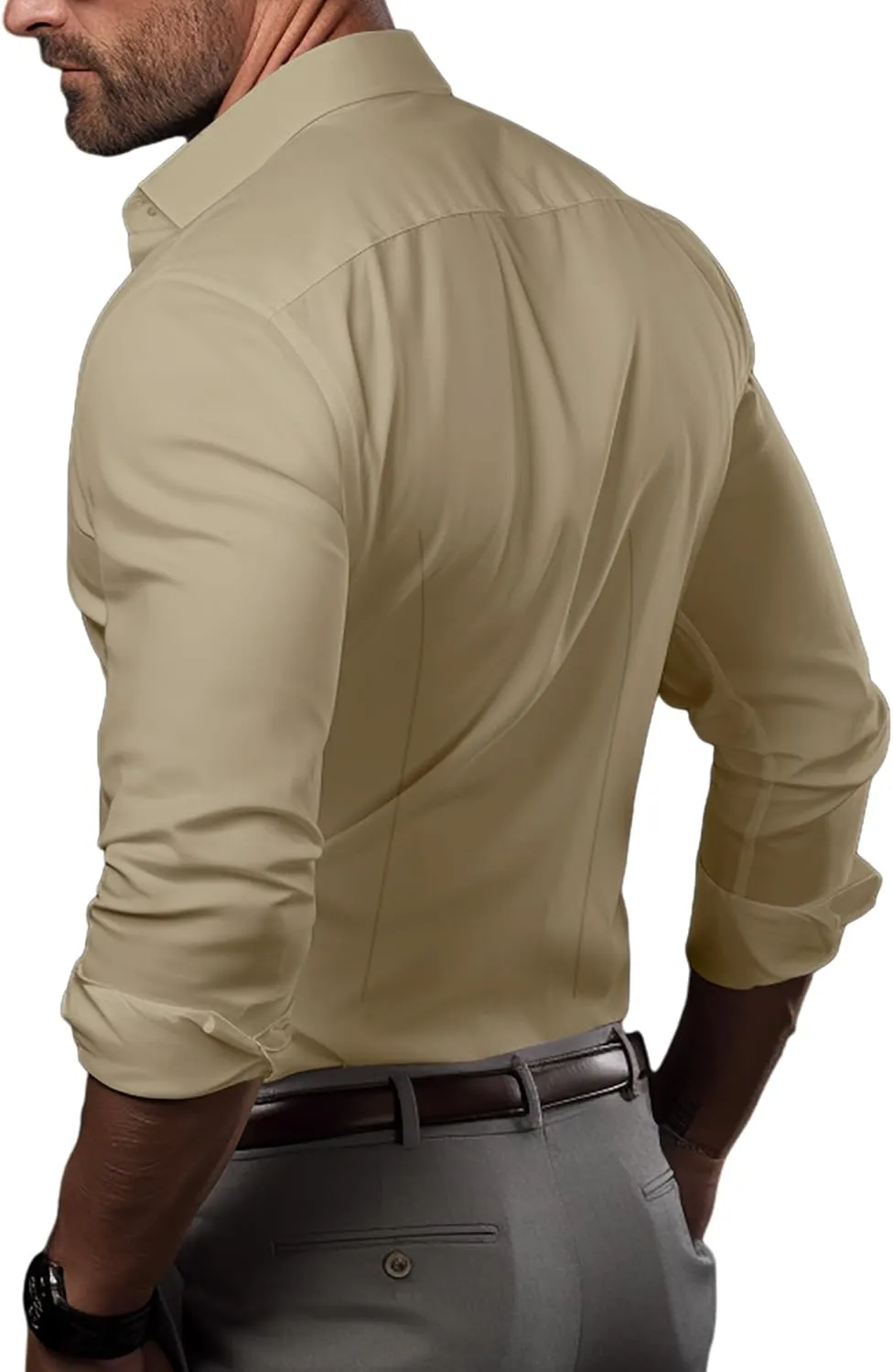 Men's Muscle Dress Shirts Solid Long Sleeve Business Casual Button Down Shirt Slim Fit Stretch Athletic Fit Shirt