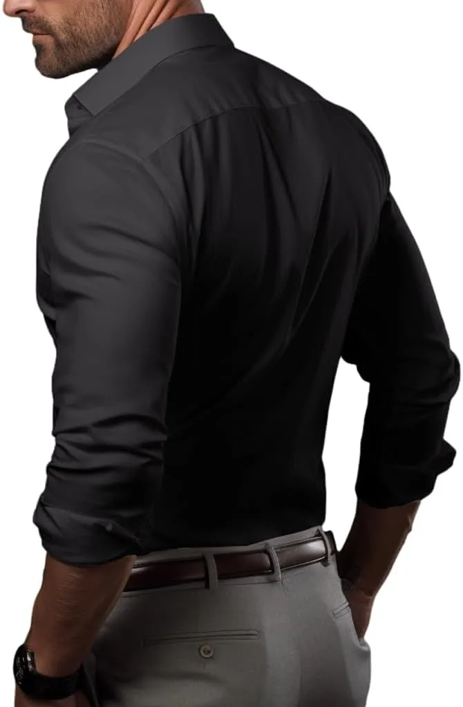 Men's Muscle Dress Shirts Solid Long Sleeve Business Casual Button Down Shirt Slim Fit Stretch Athletic Fit Shirt