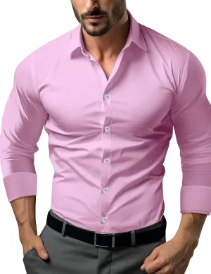 Men's Muscle Dress Shirts Solid Long Sleeve Business Casual Button Down Shirt Slim Fit Stretch Athletic Fit Shirt
