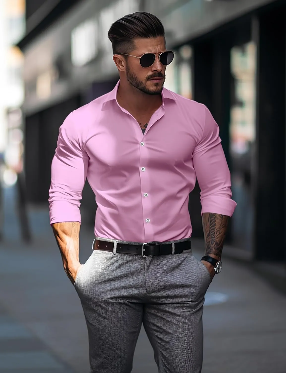 Men's Muscle Dress Shirts Solid Long Sleeve Business Casual Button Down Shirt Slim Fit Stretch Athletic Fit Shirt