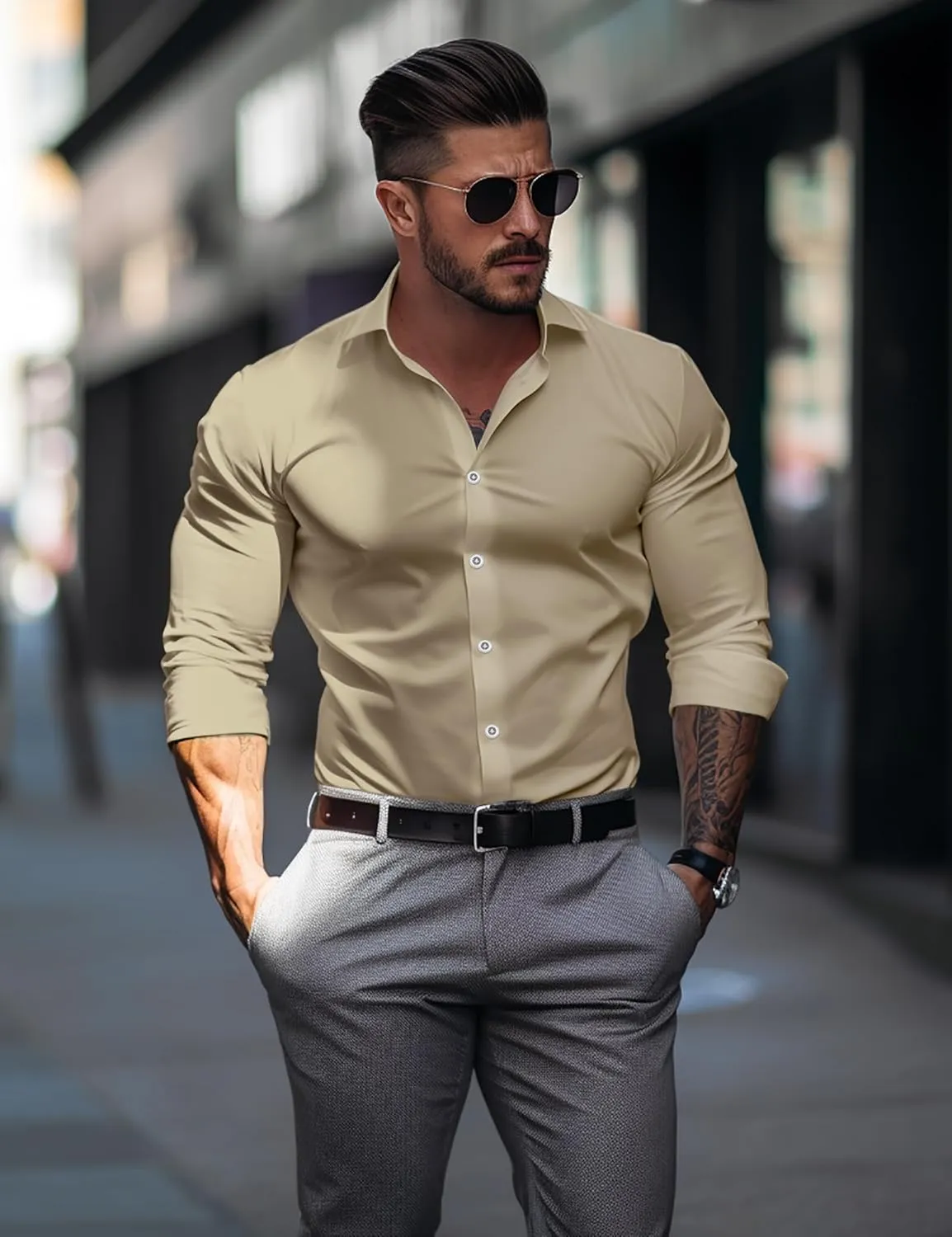 Men's Muscle Dress Shirts Solid Long Sleeve Business Casual Button Down Shirt Slim Fit Stretch Athletic Fit Shirt