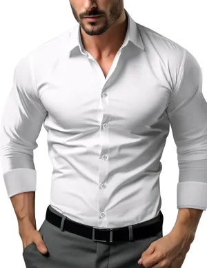 Men's Muscle Dress Shirts Solid Long Sleeve Business Casual Button Down Shirt Slim Fit Stretch Athletic Fit Shirt