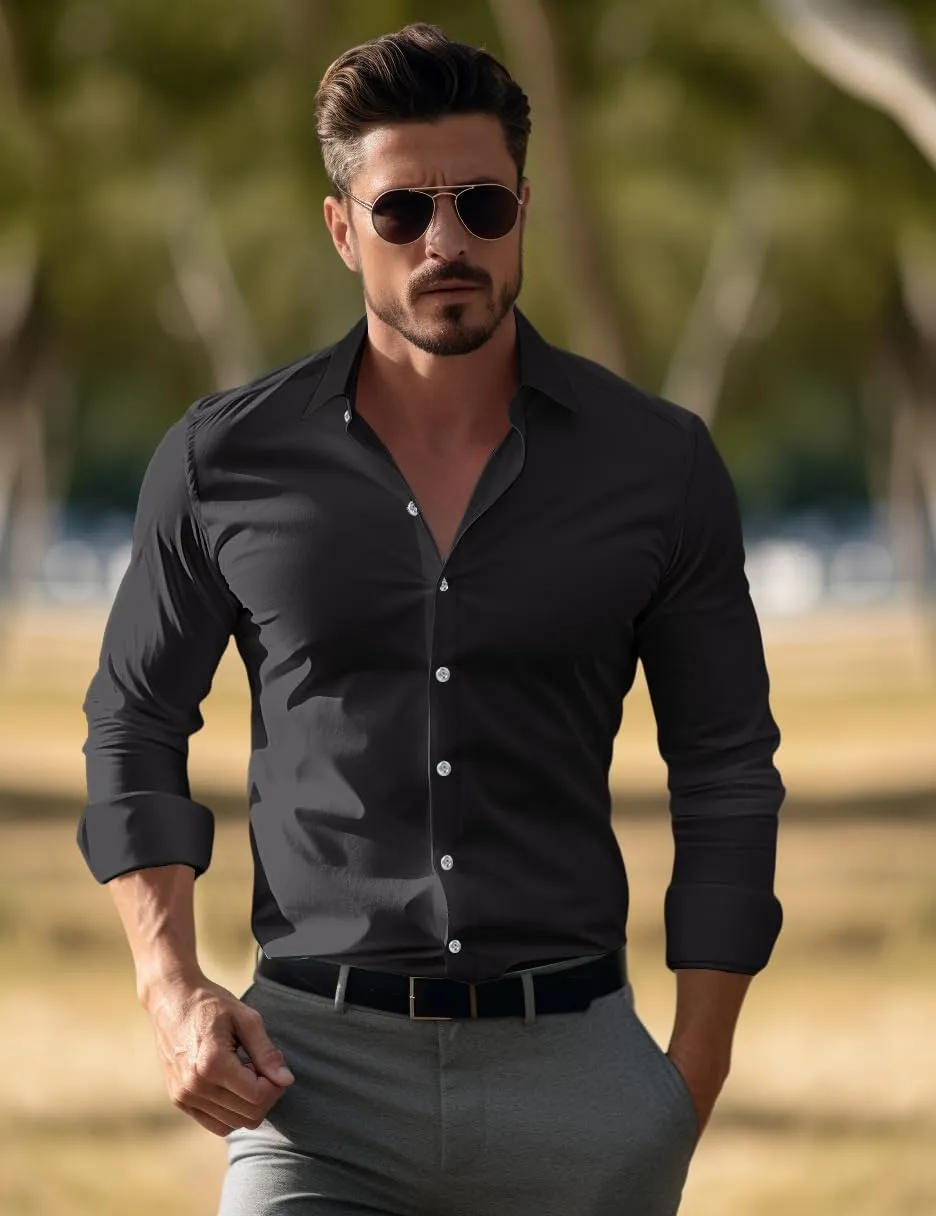 Men's Muscle Dress Shirts Solid Long Sleeve Business Casual Button Down Shirt Slim Fit Stretch Athletic Fit Shirt