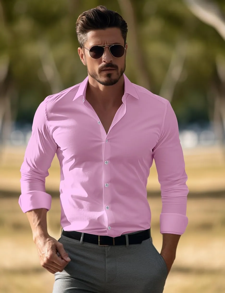Men's Muscle Dress Shirts Solid Long Sleeve Business Casual Button Down Shirt Slim Fit Stretch Athletic Fit Shirt