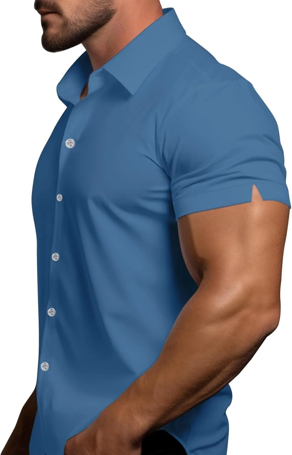 Men's Muscle Dress Shirts Solid Short Sleeve Dress Shirts Athletic Slim Fit Stretch Business Casual Button Down Shirt