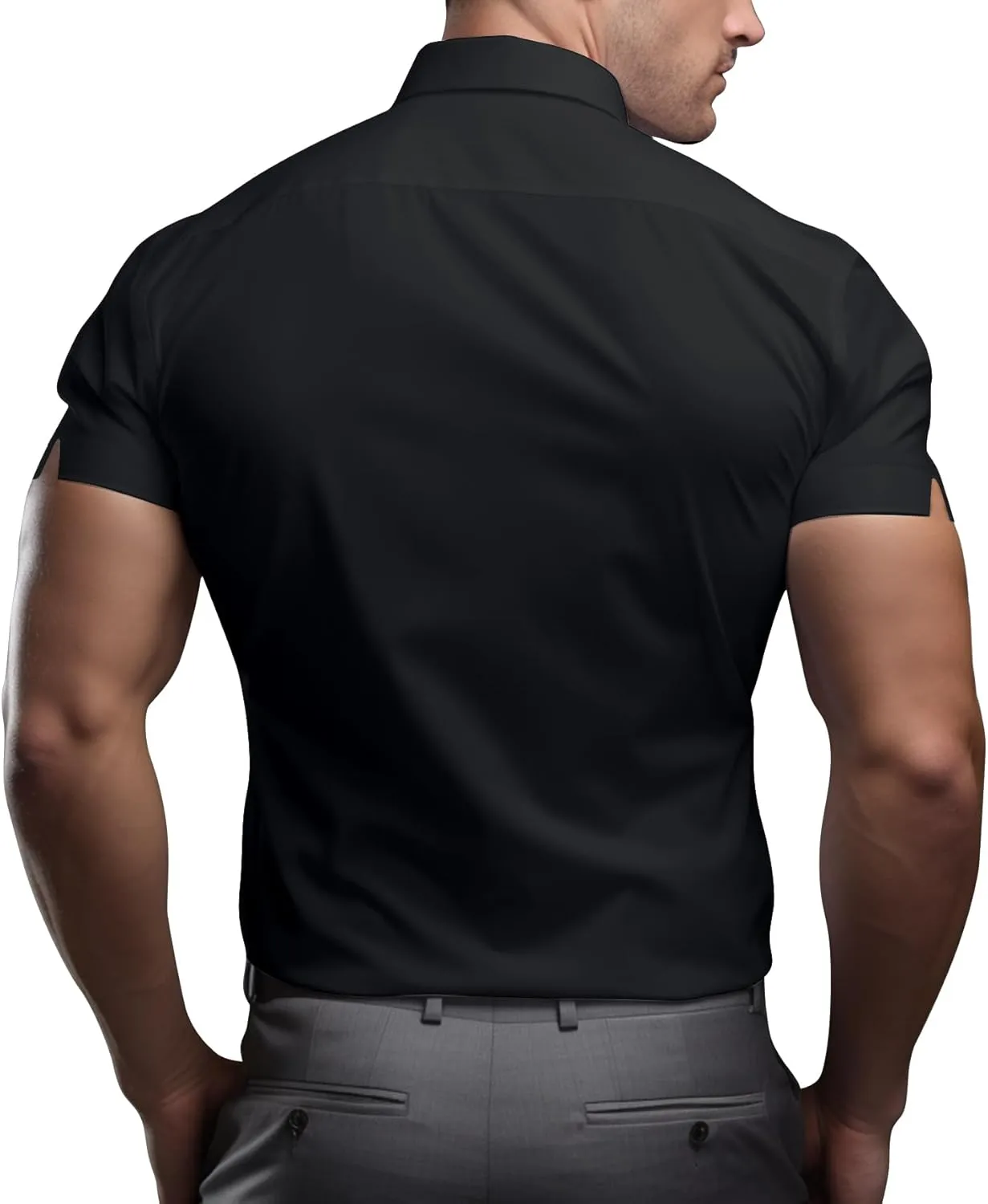 Men's Muscle Dress Shirts Solid Short Sleeve Dress Shirts Athletic Slim Fit Stretch Business Casual Button Down Shirt