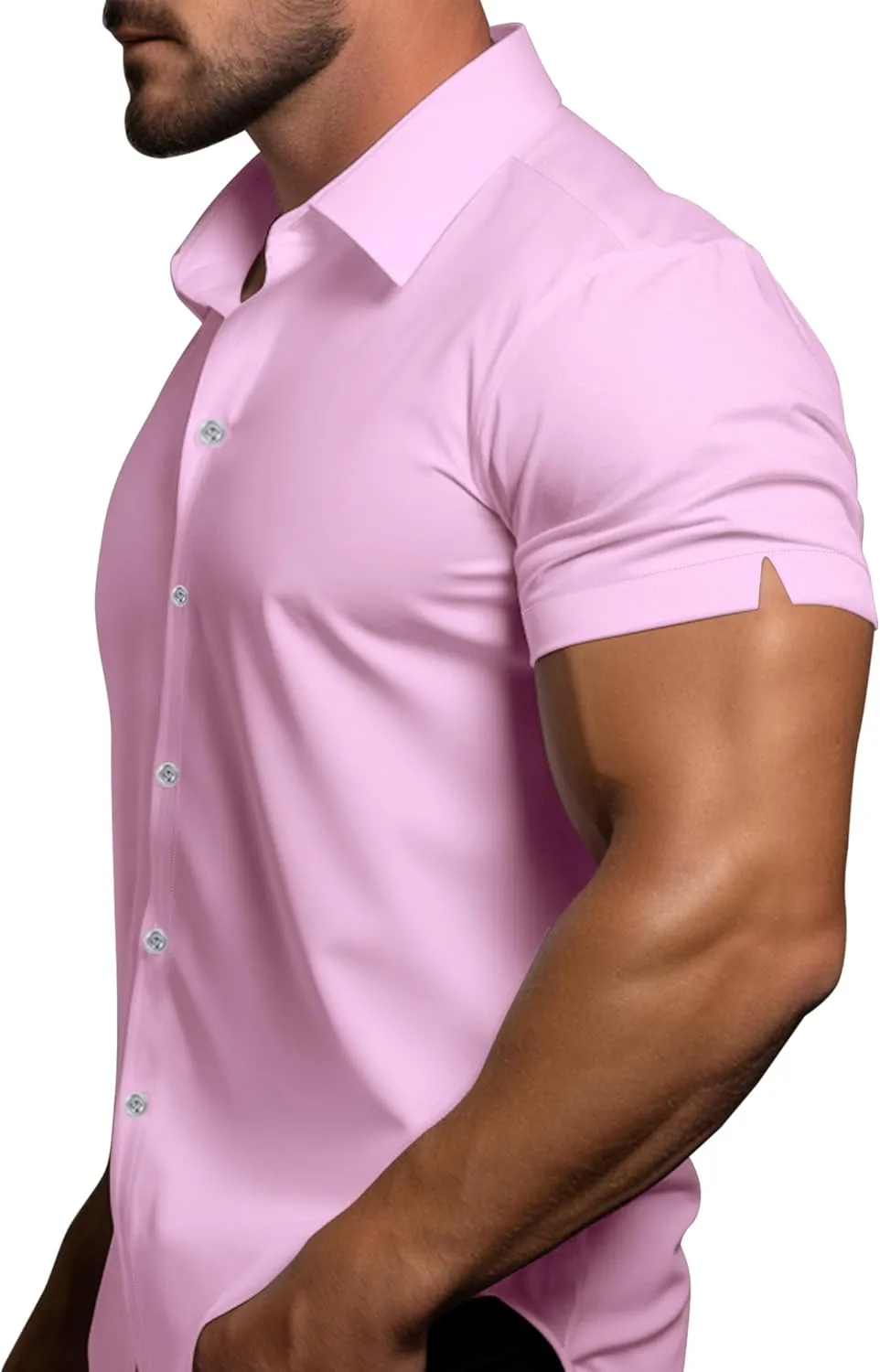 Men's Muscle Dress Shirts Solid Short Sleeve Dress Shirts Athletic Slim Fit Stretch Business Casual Button Down Shirt