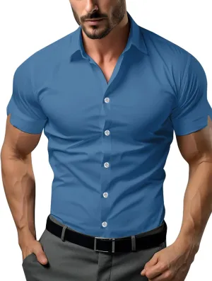 Men's Muscle Dress Shirts Solid Short Sleeve Dress Shirts Athletic Slim Fit Stretch Business Casual Button Down Shirt