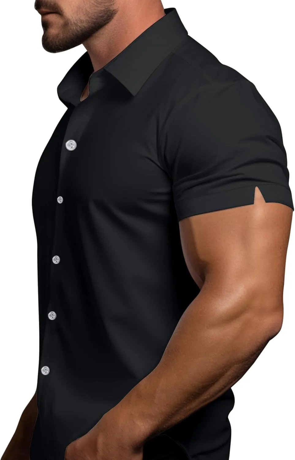 Men's Muscle Dress Shirts Solid Short Sleeve Dress Shirts Athletic Slim Fit Stretch Business Casual Button Down Shirt