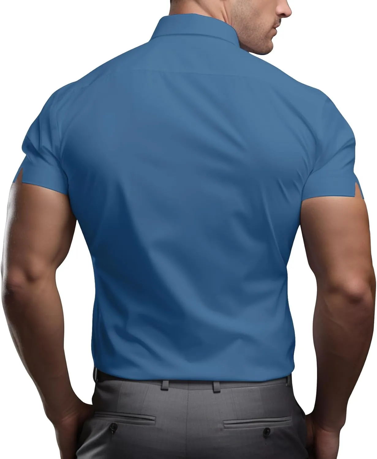 Men's Muscle Dress Shirts Solid Short Sleeve Dress Shirts Athletic Slim Fit Stretch Business Casual Button Down Shirt