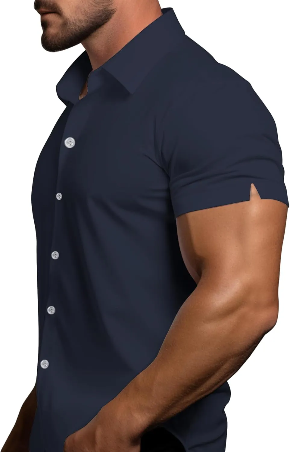 Men's Muscle Dress Shirts Solid Short Sleeve Dress Shirts Athletic Slim Fit Stretch Business Casual Button Down Shirt