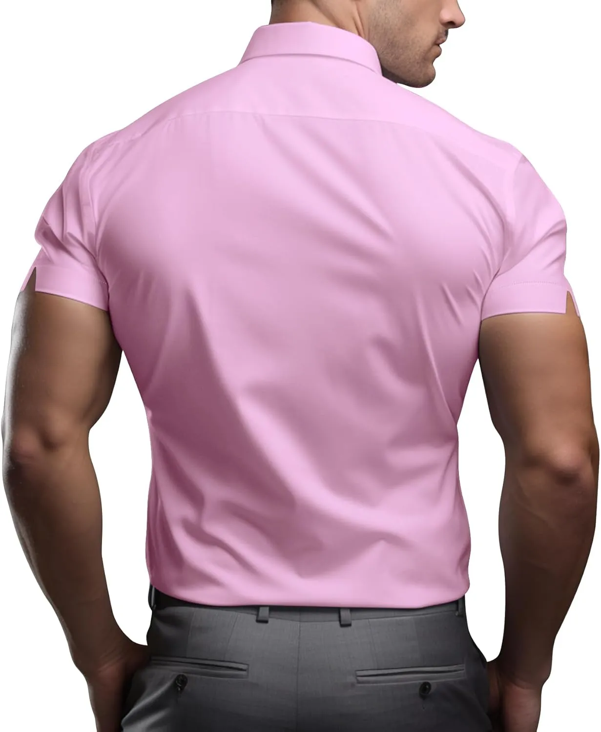 Men's Muscle Dress Shirts Solid Short Sleeve Dress Shirts Athletic Slim Fit Stretch Business Casual Button Down Shirt