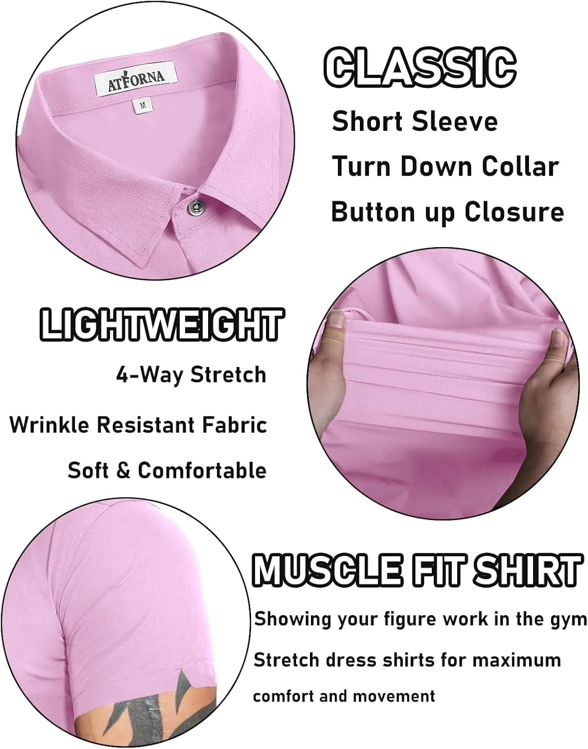 Men's Muscle Dress Shirts Solid Short Sleeve Dress Shirts Athletic Slim Fit Stretch Business Casual Button Down Shirt