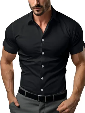 Men's Muscle Dress Shirts Solid Short Sleeve Dress Shirts Athletic Slim Fit Stretch Business Casual Button Down Shirt