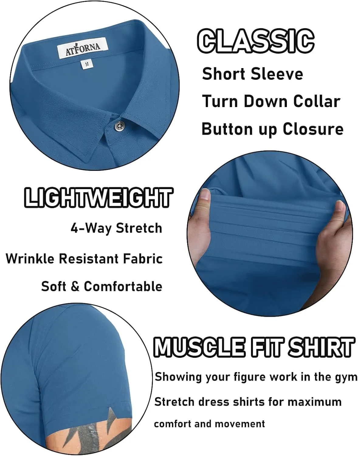Men's Muscle Dress Shirts Solid Short Sleeve Dress Shirts Athletic Slim Fit Stretch Business Casual Button Down Shirt
