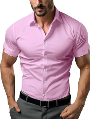 Men's Muscle Dress Shirts Solid Short Sleeve Dress Shirts Athletic Slim Fit Stretch Business Casual Button Down Shirt