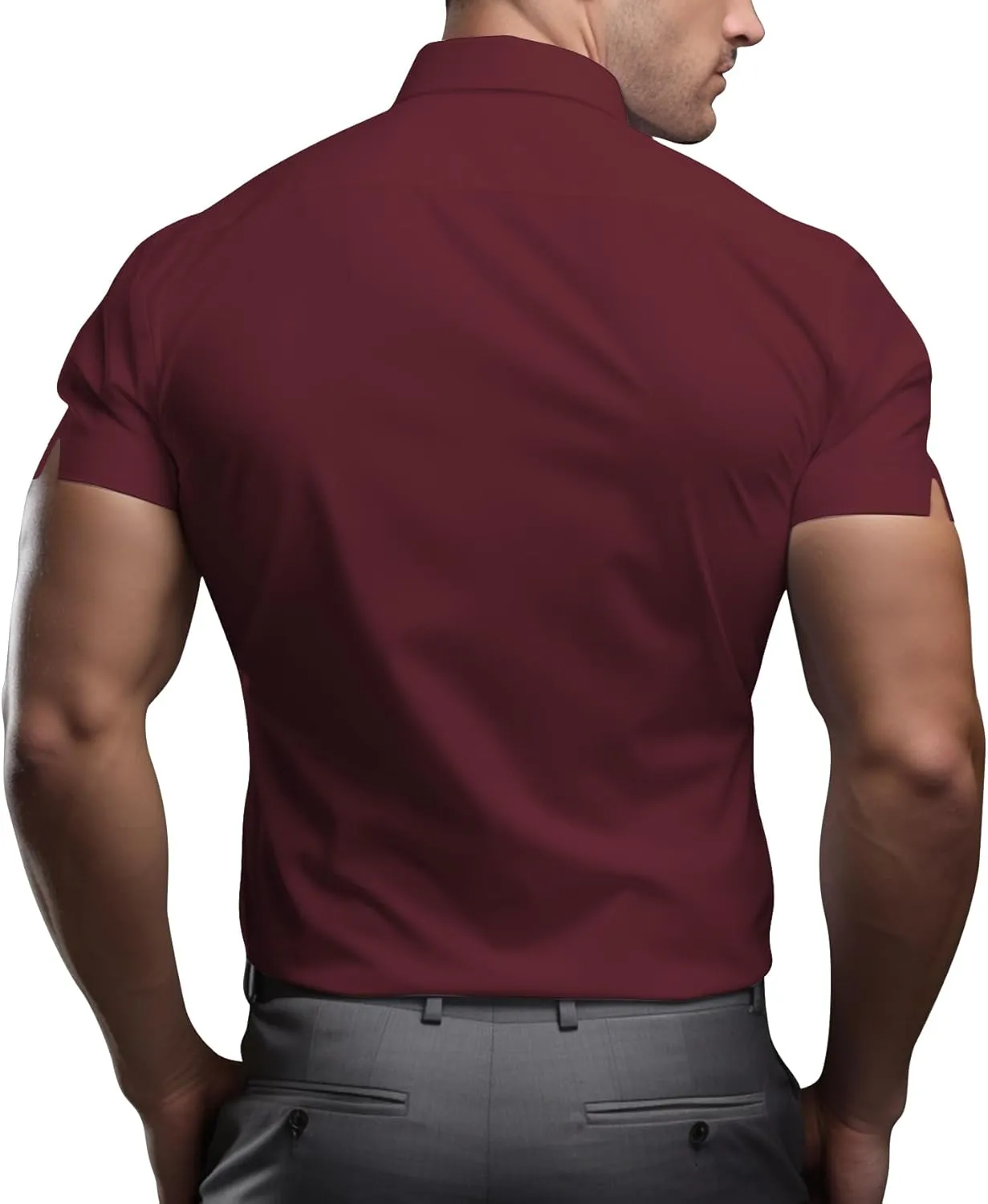Men's Muscle Dress Shirts Solid Short Sleeve Dress Shirts Athletic Slim Fit Stretch Business Casual Button Down Shirt