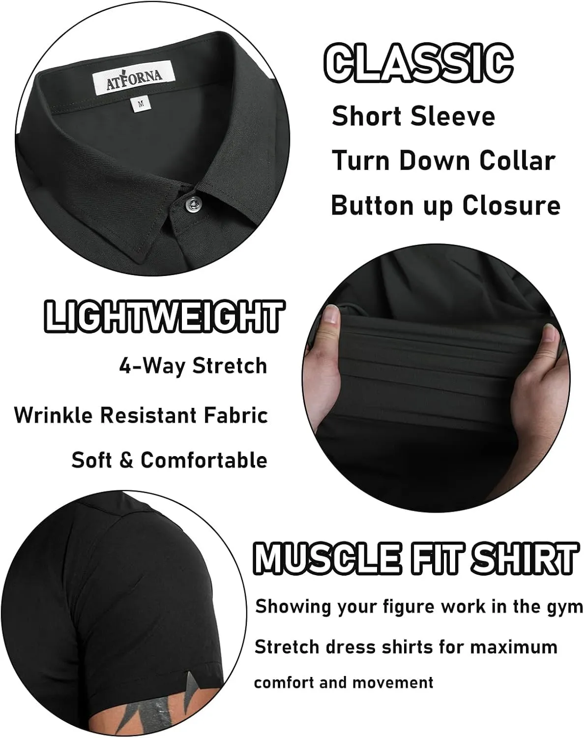 Men's Muscle Dress Shirts Solid Short Sleeve Dress Shirts Athletic Slim Fit Stretch Business Casual Button Down Shirt