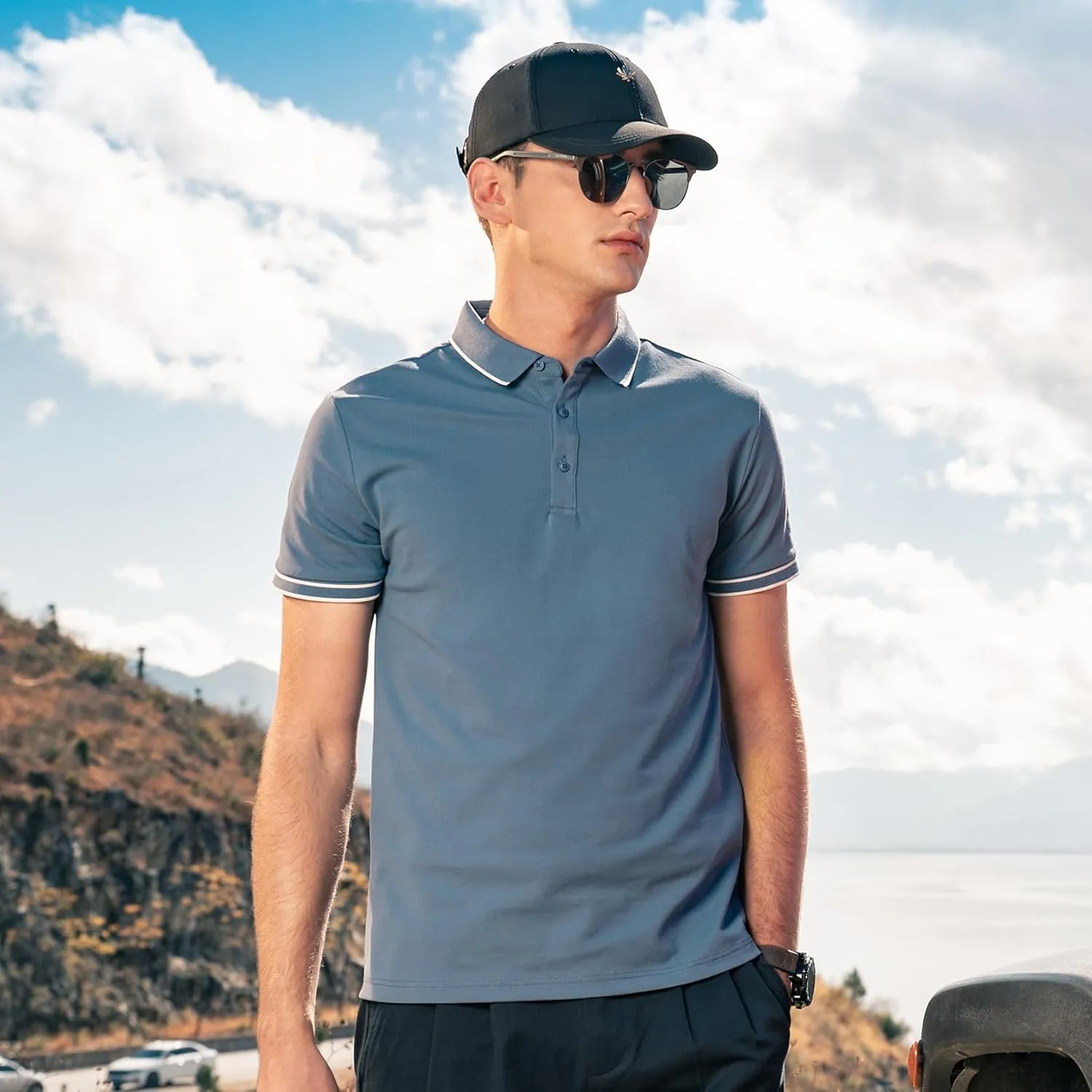 Men's Polo Shirts Casual Short Sleeve Button Down Shirts Classic Stripe Golf Polo Collared Work Shirts