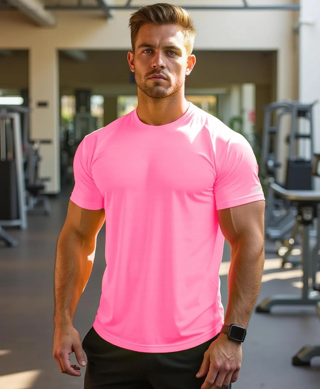 Mens Running Shirt Quick Dry Fit Short Sleeve Performance T-Shirt Moisture Wicking Ourdoor Active Wear Reflective