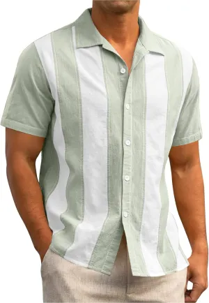 Mens Short Sleeve Button Down Shirts Linen Shirts for Men Collared Summer Beach T-Shirts Vacation Tops