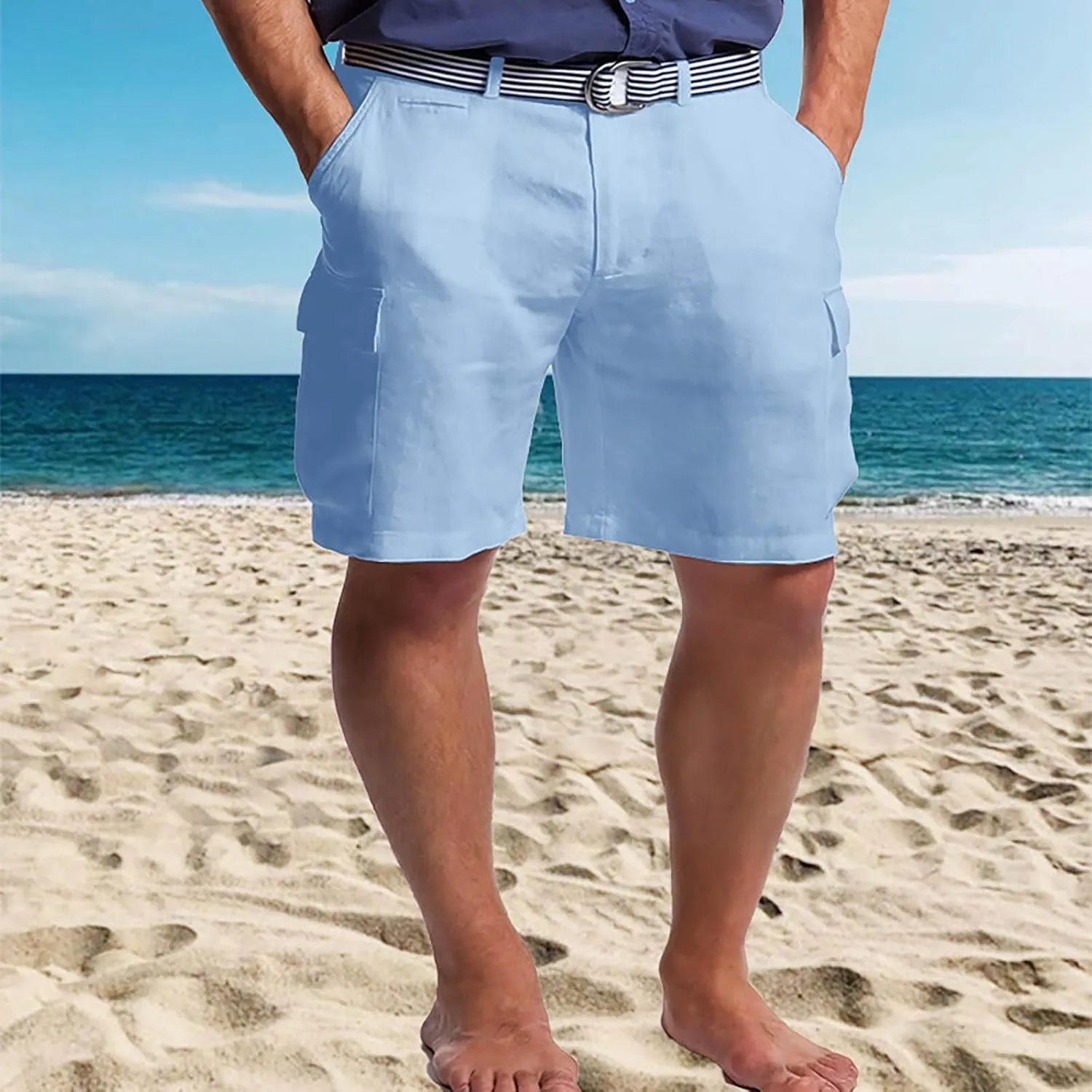 Mens Summer Workout Shorts Cotton and Linen Solid Color Multi Pockets Fashion Beach Pants Combat Vacation Casual Cool Bermuda