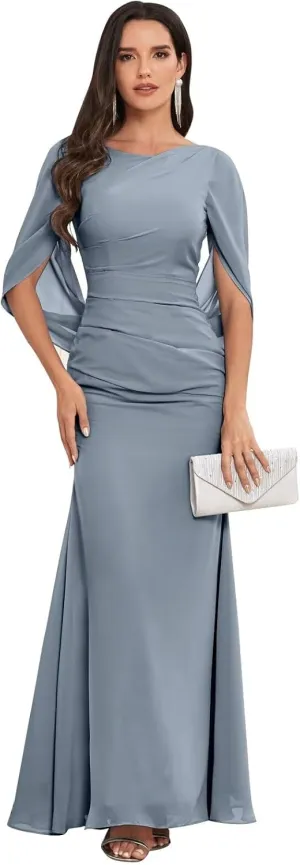 Mermaid Chiffon Mother of The Bride Dresses for Wedding with Cape Sleeves Long Formal Mother of The Groom Dresses