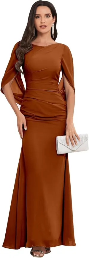 Mermaid Chiffon Mother of The Bride Dresses for Wedding with Cape Sleeves Long Formal Mother of The Groom Dresses
