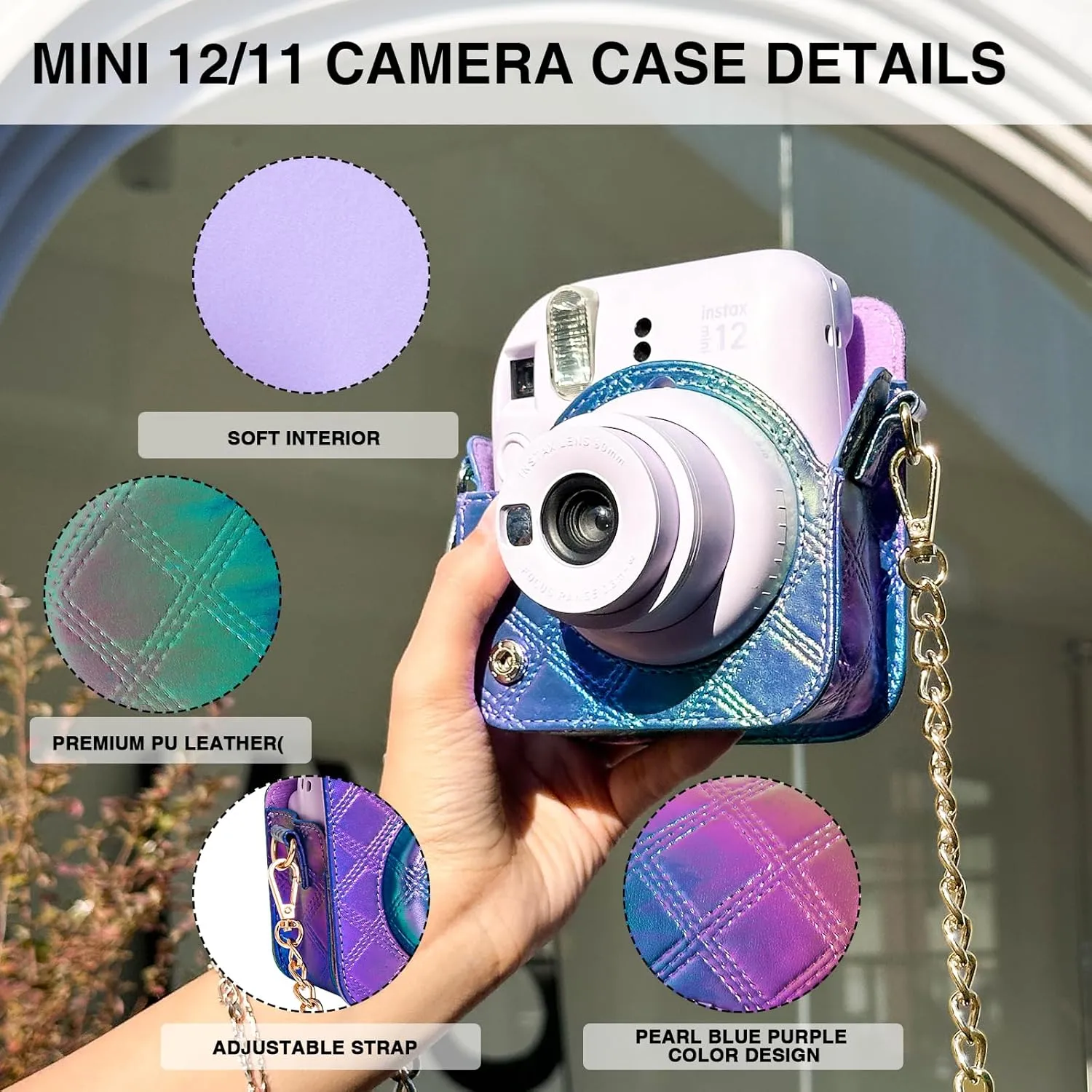 Mini 12 Protective Case for Fujifilm Instax Mini 12 Instant Case, Mini 12/11 PU Leather Camera Case with 64 Pocket Mini Photo Album, Metal Chain Shoulder Strap (No Camera) - Pearl Blue Purple