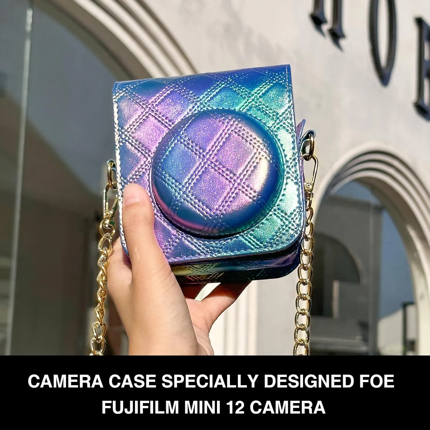 Mini 12 Protective Case for Fujifilm Instax Mini 12 Instant Case, Mini 12/11 PU Leather Camera Case with 64 Pocket Mini Photo Album, Metal Chain Shoulder Strap (No Camera) - Pearl Blue Purple