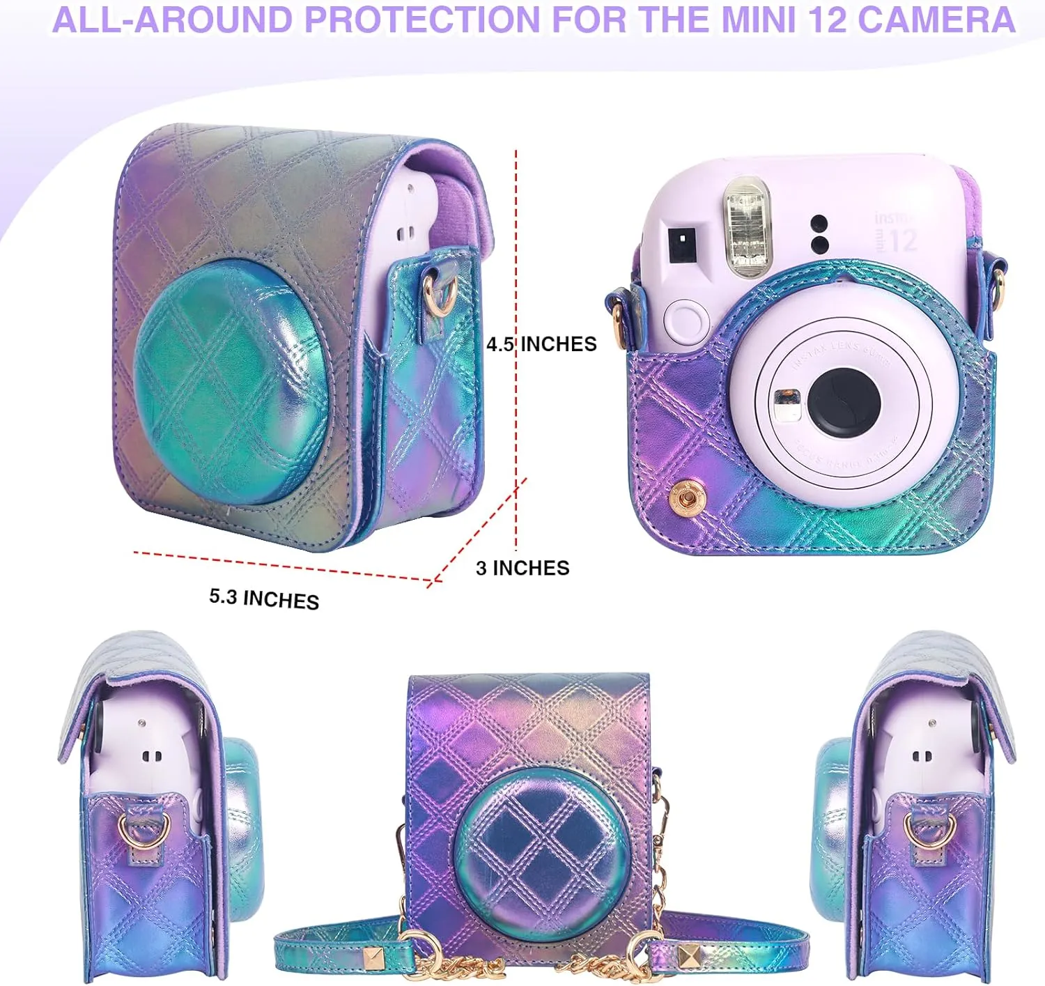 Mini 12 Protective Case for Fujifilm Instax Mini 12 Instant Case, Mini 12/11 PU Leather Camera Case with 64 Pocket Mini Photo Album, Metal Chain Shoulder Strap (No Camera) - Pearl Blue Purple
