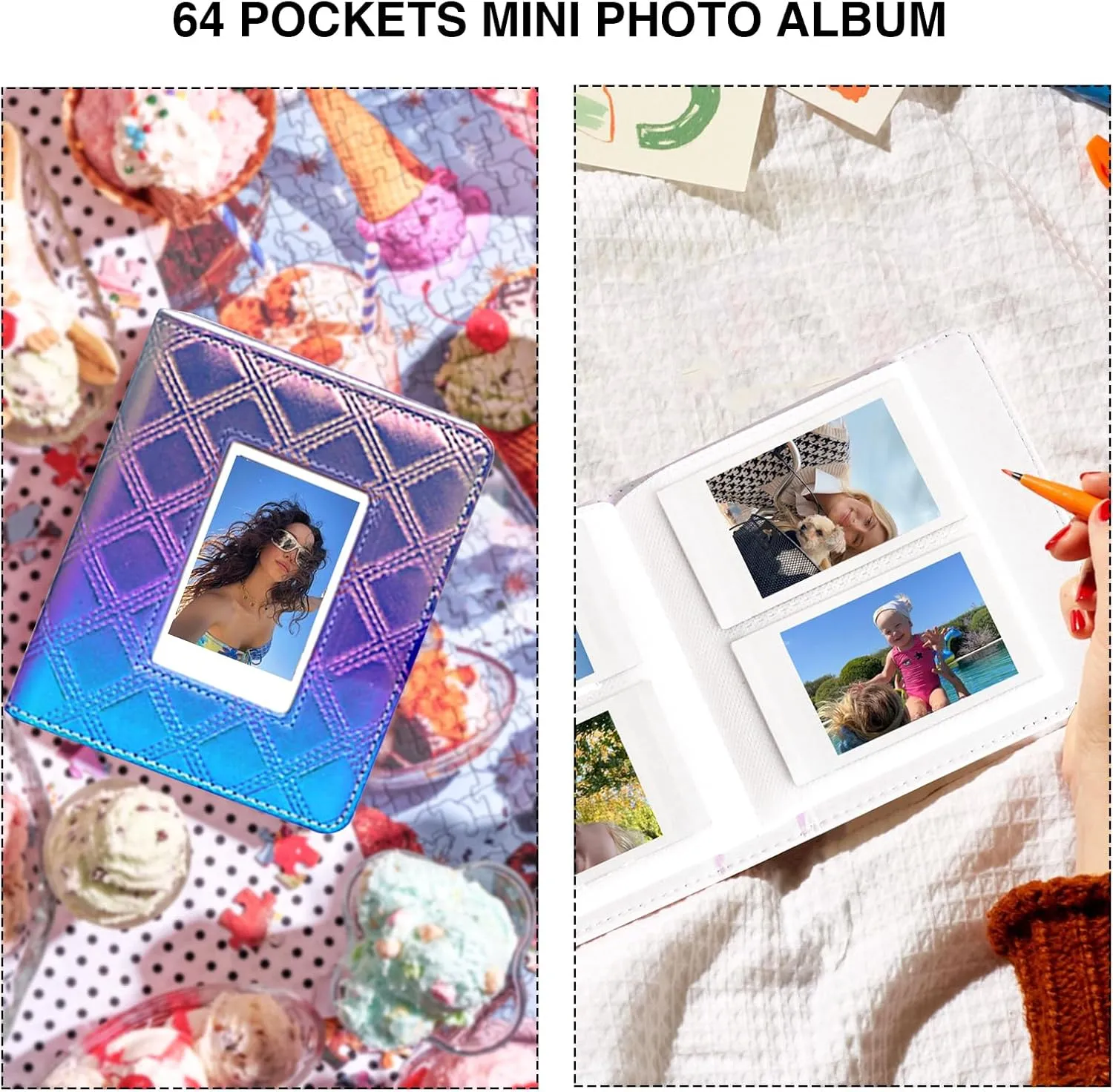 Mini 12 Protective Case for Fujifilm Instax Mini 12 Instant Case, Mini 12/11 PU Leather Camera Case with 64 Pocket Mini Photo Album, Metal Chain Shoulder Strap (No Camera) - Pearl Blue Purple