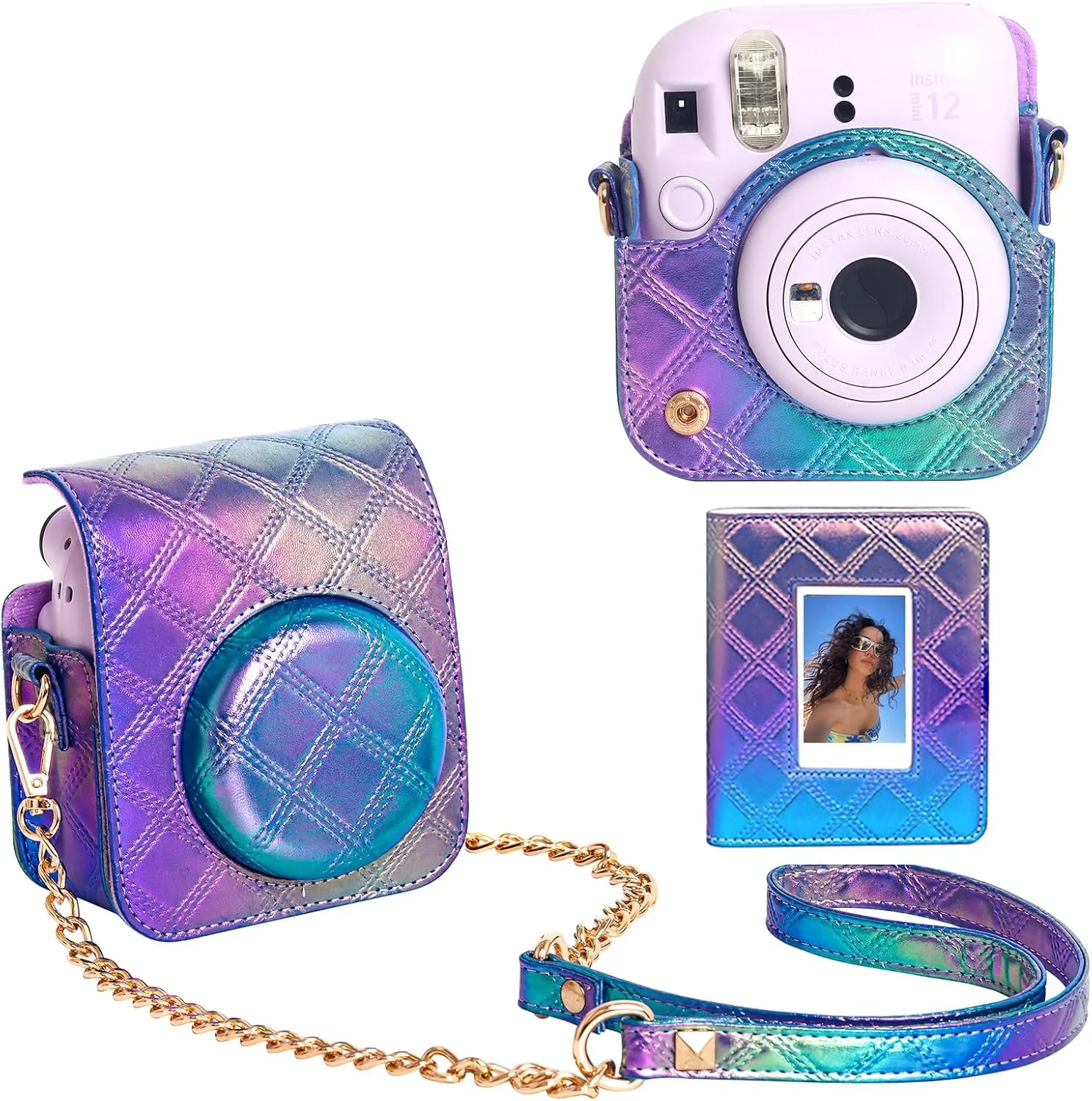 Mini 12 Protective Case for Fujifilm Instax Mini 12 Instant Case, Mini 12/11 PU Leather Camera Case with 64 Pocket Mini Photo Album, Metal Chain Shoulder Strap (No Camera) - Pearl Blue Purple