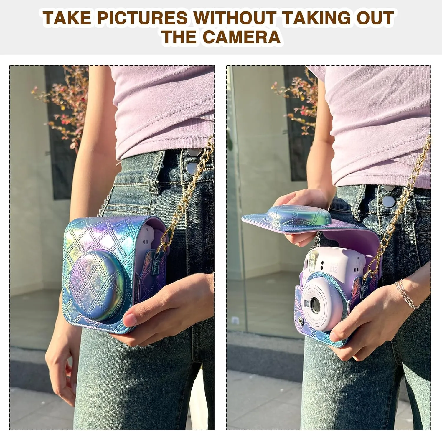 Mini 12 Protective Case for Fujifilm Instax Mini 12 Instant Case, Mini 12/11 PU Leather Camera Case with 64 Pocket Mini Photo Album, Metal Chain Shoulder Strap (No Camera) - Pearl Blue Purple