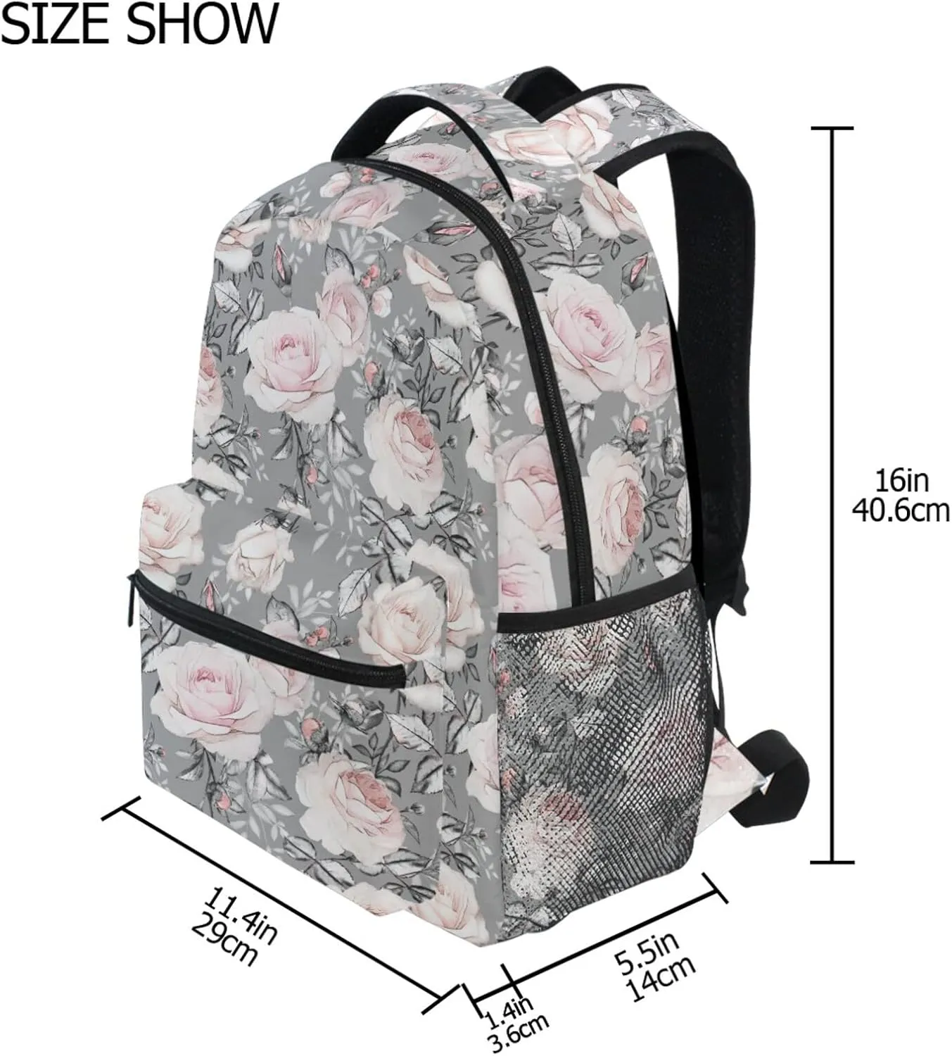 MNSRUU Student Travel School Backpack Pink Flowers And Leaves On Gray Rose Floral Tile College Laptop Backpacks Business iPad Tablet Computer Bookbags for Adult Teen