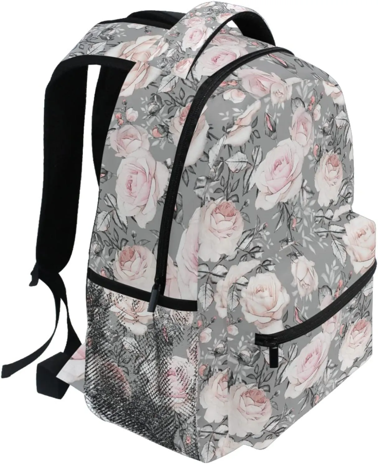 MNSRUU Student Travel School Backpack Pink Flowers And Leaves On Gray Rose Floral Tile College Laptop Backpacks Business iPad Tablet Computer Bookbags for Adult Teen