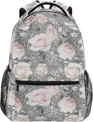 MNSRUU Student Travel School Backpack Pink Flowers And Leaves On Gray Rose Floral Tile College Laptop Backpacks Business iPad Tablet Computer Bookbags for Adult Teen