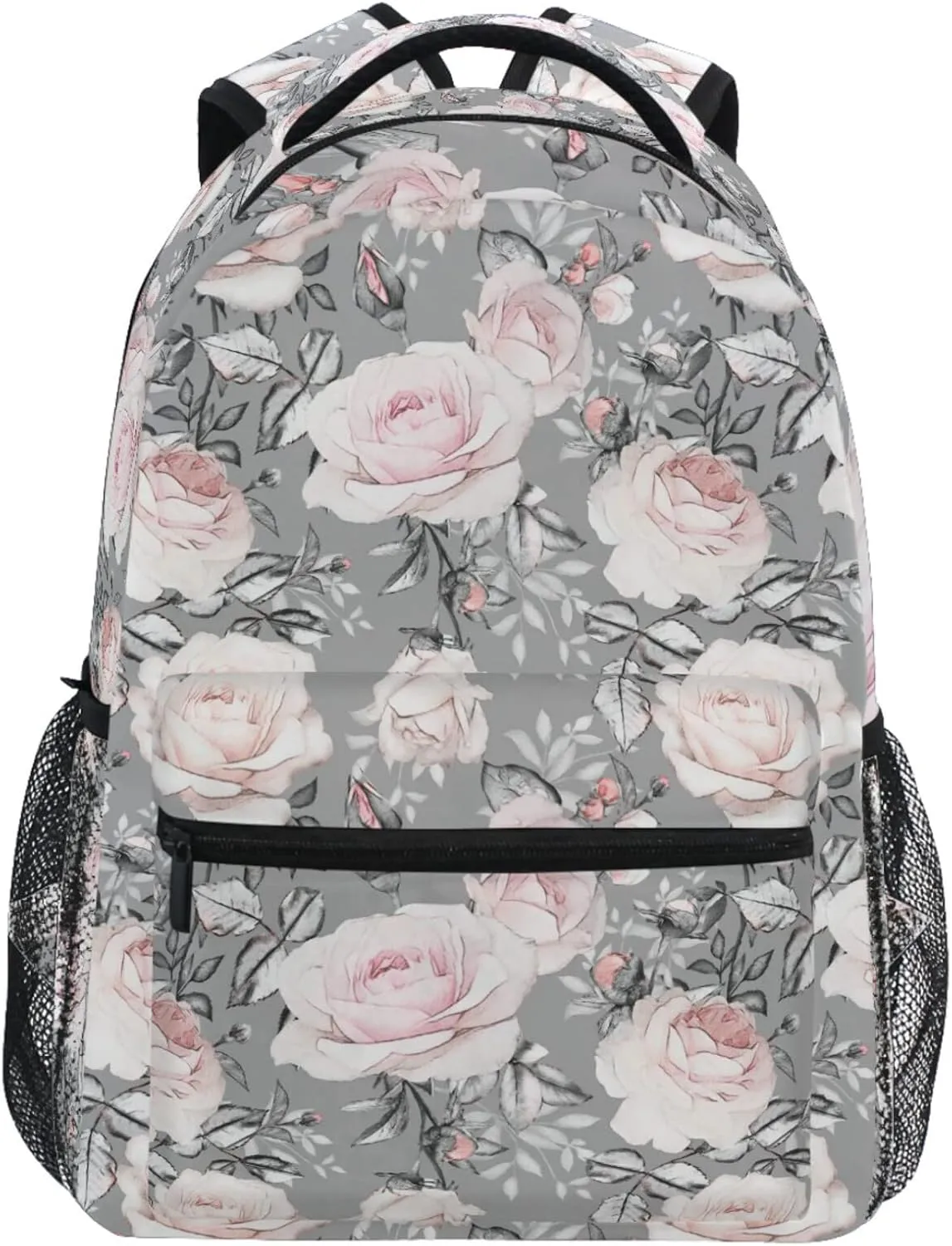 MNSRUU Student Travel School Backpack Pink Flowers And Leaves On Gray Rose Floral Tile College Laptop Backpacks Business iPad Tablet Computer Bookbags for Adult Teen
